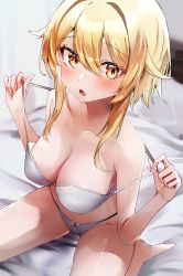 Rule 34 | 1girl, :o, absurdres, bare arms, bare legs, bare shoulders, barefoot, bed, blonde hair, blush, bra, breasts, cleavage, genshin impact, hair between eyes, highres, holding, indoors, knees out of frame, looking at viewer, lumine (genshin impact), nanashinayuzu mochi, off shoulder, open mouth, panties, short hair with long locks, sidelocks, sitting, solo, strap pull, thighs, underwear, underwear only, wariza, white bra, white panties, yellow eyes