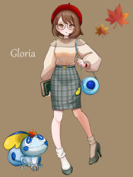 Rule 34 | 1girl, alternate costume, autumn leaves, bag, bespectacled, blue bag, blush, book, brown background, brown eyes, brown hair, character name, commentary, creatures (company), game freak, gen 8 pokemon, glasses, gloria (pokemon), green footwear, handbag, hat, high heels, highres, holding, holding book, looking at viewer, nintendo, plaid, plaid skirt, pokemon, pokemon (creature), pokemon swsh, red headwear, setta shu, short hair, skirt, sobble, socks, standing, symbol-only commentary, themed object, watch, wristwatch