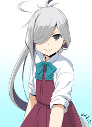 Rule 34 | 1girl, ahoge, asashimo (kancolle), bow, bowtie, commentary, cowboy shot, english commentary, gradient background, green background, grey eyes, hair over one eye, headband, kantai collection, long hair, looking at viewer, moti coi, one-hour drawing challenge, ponytail, school uniform, shirt, silver hair, sleeves rolled up, solo, white background, white shirt