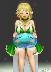 Rule 34 | 10s, 1girl, ariverkao, bare shoulders, blonde hair, breasts, choker, cleavage, closed eyes, dated, dress, elf, facing viewer, gradient background, green dress, jewelry, large breasts, open mouth, pointy ears, rimuru tempest, short hair, signature, sitting, slime (creature), tensei shitara slime datta ken