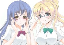Rule 34 | 10s, 2girls, ayase eli, bespectacled, blonde hair, blue hair, blush, breasts, dress shirt, frapowa, glasses, heart, long hair, looking at viewer, love live!, love live! school idol project, medium breasts, multiple girls, school uniform, shirt, short sleeves, simple background, smile, sonoda umi, white background