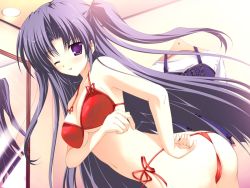 Rule 34 | 1girl, bow, bow bra, bra, breast hold, breasts, clothes hanger, dressing, dressing room, game cg, lingerie, long hair, lyrical ds, lyrical lyric, mikeou, mirror, non-web source, one eye closed, panties, purple eyes, purple hair, red bra, red panties, side-tie panties, solo, takami rin, thong, twintails, underwear, underwear only, undressing, wink