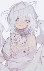 Rule 34 | 1girl, :|, angel wings, bandaged arm, bandaged neck, bandages, blue eyes, bow, bowtie, bra, breasts, cleavage, closed mouth, crying, crying with eyes open, dress, gem, grey background, hair between eyes, hair over one eye, halo, head tilt, highres, lace, lace-trimmed bra, lace trim, long hair, looking at viewer, medium breasts, melting halo, multicolored eyes, namu ta03, orange eyes, original, purple gemstone, simple background, single bare shoulder, skirt hold, solo, stitched neck, stitches, tears, underwear, upper body, white bow, white bowtie, white bra, white dress, white hair, white wings, wings