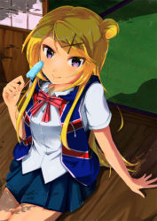Rule 34 | 10s, 1girl, arm support, bad id, bad pixiv id, blonde hair, bow, bowtie, food, from above, futsuka (two days ago), hair bun, hair ornament, hairclip, holding, kin-iro mosaic, kujou karen, long hair, looking at viewer, looking up, pleated skirt, popsicle, purple eyes, single hair bun, sitting, skirt, smile, solo, vest, x hair ornament
