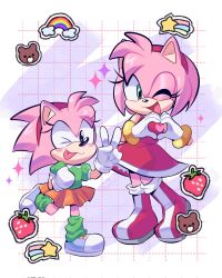 Rule 34 | 2girls, amy rose, corrupted twitter file, dress, dual persona, food, fruit, furry, furry female, gloves, green eyes, green shirt, green socks, headband, highres, looking at viewer, lou lubally, multiple girls, official alternate costume, one eye closed, open mouth, orange skirt, pink dress, rainbow, red headband, shirt, shoes, skirt, socks, sonic (series), sonic the hedgehog (classic), strawberry, tongue, tongue out, v, white gloves