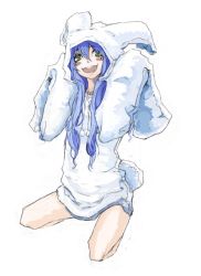 Rule 34 | 00s, 1girl, animal hood, blue hair, blush stickers, drawstring, green eyes, hood, izumi konata, jacket, lefty10, long hair, looking at viewer, lucky star, mole, mole under eye, open mouth, seiza, simple background, sitting, sleeves past wrists, smile, solo, spread legs, white background