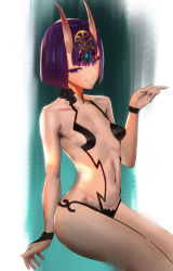 Rule 34 | 1girl, 1s44c, absurdres, bare shoulders, blush, bob cut, border, breasts, bridal gauntlets, closed mouth, collarbone, eyeliner, fate/grand order, fate (series), gradient background, green background, hand up, headpiece, highres, horns, index finger raised, looking at viewer, makeup, navel, oni, purple eyes, purple hair, revealing clothes, short eyebrows, short hair, shuten douji (fate), sitting, skin-covered horns, small breasts, smile, solo, thighs, white border