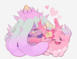 Rule 34 | ;d, blue eyes, blush, blush stickers, closed mouth, colored sclera, corsola, creatures (company), flower, flower on head, game freak, gen 2 pokemon, gen 7 pokemon, half-closed eyes, happy, heart, hibiscus, ica tm, looking at viewer, mareanie, nintendo, no humans, one eye closed, open mouth, pokemon, pokemon (creature), pokemon sm, sharp teeth, simple background, smile, spikes, teeth, tentacle hair, tentacles, white background, yellow sclera