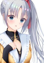 Rule 34 | 1girl, absurdres, black sleeves, blue eyes, blush, breasts, cleavage, cleavage cutout, clenched hand, clothing cutout, collar, commentary, eyelashes, frilled collar, frills, grey hair, hair ribbon, hand up, highres, japanese clothes, kiki0319i, kimono, large breasts, long hair, looking at viewer, open mouth, parted bangs, red ribbon, ribbon, senren banka, side ponytail, simple background, sleeves past wrists, solo, tomotake yoshino, upper body, very long hair, white background, white collar, yellow kimono