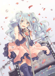 Rule 34 | 1girl, abe (f!mixture), aqua eyes, aqua hair, bad id, bad pixiv id, bow, detached sleeves, dress, hatsune miku, long hair, microphone, microphone stand, open mouth, petals, pleated skirt, skirt, solo, stage, thighhighs, twintails, very long hair, vocaloid