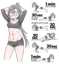Rule 34 | 1girl, abs, alternate costume, amagiri (kancolle), arms behind head, asymmetrical bangs, bike shorts, blush, breasts, collarbone, commentary, exercising, glasses, grey hair, hair between eyes, kantai collection, long hair, looking at viewer, multiple views, navel, planking, ponytail, shorts, simple background, smile, sweat, sweatdrop, undershirt, very long hair, white background, zuizou, | |
