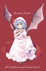 Rule 34 | 1girl, ascot, bat wings, black footwear, blue hair, character name, clothes lift, copyright name, embodiment of scarlet devil, english text, fang, fingernails, frilled shirt, frilled shirt collar, frilled skirt, frills, full body, hat, hat ribbon, highres, jewelry, ksk (semicha keisuke), lifting own clothes, long fingernails, looking at viewer, mary janes, mob cap, nail polish, open mouth, puffy short sleeves, puffy sleeves, red background, red eyes, red ribbon, remilia scarlet, ribbon, shirt, shoes, short hair, short sleeves, simple background, skirt, skirt lift, skirt set, smile, solo, touhou, tsurime, wings, wrist cuffs