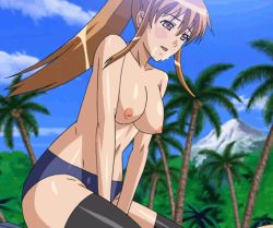 Rule 34 | 15 bishoujo hyouryuuki, 1boy, 1girl, animated, animated gif, asou saori, black thighhighs, bouncing breasts, breasts, brown eyes, brown hair, buruma, cowgirl position, cum, facial, girl on top, looping animation, palm tree, ponytail, sex, sky, stitched, straddling, thighhighs, third-party edit, topless, tree, underwear, vaginal