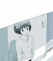 Rule 34 | 1girl, door, from above, hosoo, monochrome, pen (medium), shinsei kamattechan, short hair, simple background, sketch, solo, sweater, traditional media, wall, white background