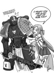 Rule 34 | 10s, 1boy, 1girl, armor, asuna (sao), bare shoulders, blood, bloody weapon, blush, chainsword, crossover, dress, english text, greyscale, long hair, monochrome, mr rumbles, open mouth, power armor, purity seal, simple background, smile, space marine, sword, sword art online, thighhighs, warhammer 40k, weapon, white background