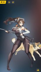 Rule 34 | 1girl, animal, barcode, barcode tattoo, bare shoulders, black eyes, bodysuit, breasts, brown hair, closed mouth, constantia s2, covered navel, dog, feet, floating hair, full body, glasses, groin, gun, high ponytail, highres, holding, holding weapon, large breasts, last origin, legs, legs apart, long hair, looking at viewer, official art, ponytail, rifle, simple background, smile, standing, tail, tattoo, thighs, weapon