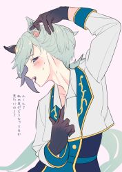 Rule 34 | 1girl, absurdres, animal ears, bad tag, black gloves, blue eyes, blue shirt, blush, clothes pull, commentary request, cropped jacket, doushi tatsu to dekkai no, ear covers, gloves, grey hair, highres, horse ears, horse girl, horse tail, jacket, long sleeves, looking at viewer, official alternate costume, open mouth, seiun sky (soiree de chaton) (umamusume), seiun sky (umamusume), shirt, shirt pull, short hair, simple background, single ear cover, smile, solo, tail, teeth, translation request, umamusume, upper teeth only, white background, white jacket