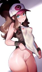 Rule 34 | 10s, 1girl, antenna hair, bad id, bad pixiv id, bare legs, baseball cap, blouse, blue eyes, bottomless, breasts, brown hair, cleft of venus, covered erect nipples, creatures (company), female focus, game freak, hair ornament, hat, head tilt, highres, hilda (pokemon), legs, long hair, looking at viewer, nintendo, nipples, pokemon, pokemon bw, ponytail, pussy, roropull, shirt, sleeveless, sleeveless shirt, small breasts, solo, thighs, uncensored, upper body, very long hair, white shirt