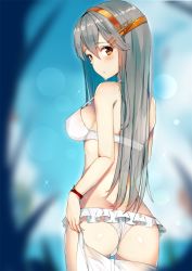Rule 34 | 10s, 1girl, ass, bare arms, bare shoulders, bikini, blurry, blurry background, blush, breasts, butt crack, closed mouth, cowboy shot, dripping, from behind, gin00, hair ornament, hairclip, haruna (kancolle), headgear, highres, kantai collection, long hair, looking at viewer, looking back, medium breasts, sarong, see-through, shiny skin, sideboob, solo, standing, strap gap, swimsuit, very long hair, water, water drop, wet, white bikini, wristband