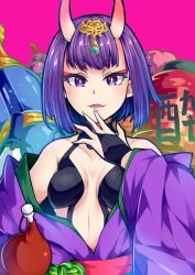 Rule 34 | 1girl, absurdres, bare shoulders, black gloves, commentary request, eyelashes, eyeshadow, fate/grand order, fate (series), fingerless gloves, gloves, hand up, headpiece, highres, horns, ishimu, japanese clothes, kimono, long sleeves, looking at viewer, makeup, obi, off shoulder, oni, parted lips, pink background, purple eyes, purple hair, purple kimono, red sash, revealing clothes, sash, short hair, shuten douji (fate), simple background, skin-covered horns, smile, solo, thick eyebrows, translation request, upper body, wide sleeves