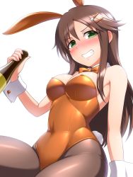 Rule 34 | 1girl, animal ears, bare shoulders, blush, bottle, bow, bowtie, box, breasts, brown hair, brown pantyhose, cat hair ornament, cleavage, detached collar, fake animal ears, fang, green eyes, grin, hair between eyes, hair ornament, hairclip, highres, himekawa yuki, holding, holding box, idolmaster, idolmaster cinderella girls, leotard, long hair, looking at viewer, medium breasts, nail polish, orange bow, orange bowtie, orange leotard, pantyhose, pataneet, pink nails, playboy bunny, rabbit ears, rabbit tail, simple background, sitting, smile, solo, strapless, strapless leotard, tail, white background, wrist cuffs
