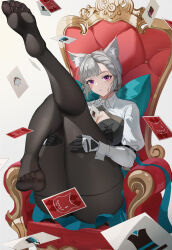 Rule 34 | 1girl, animal ears, baige0, breasts, card, cleavage, convenient censoring, feet, genshin impact, grey hair, highres, large breasts, long hair, looking at viewer, lynette (genshin impact), pantyhose, parted lips, playing card, purple eyes, soles, solo, throne, toes