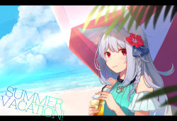 Rule 34 | 1girl, absurdres, animal ear fluff, animal ears, beach, blush, braid, drink, flower, green hair, hair flower, hair ornament, highres, holding, holding drink, jewelry, letterboxed, long hair, looking at viewer, necklace, ocean, original, parted lips, red eyes, sagiri (ulpha220), solo, umbrella