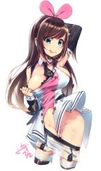 Rule 34 | 1girl, :p, arm up, black necktie, black thighhighs, blue eyes, blush, breasts, brown hair, cleavage, closed mouth, clothes pull, collar, cropped legs, detached collar, detached sleeves, female pubic hair, groin, hair between eyes, highres, kizuna ai, kizuna ai (elegant), kizuna ai inc., large breasts, long hair, long sleeves, looking at viewer, multicolored hair, navel, necktie, no panties, pink hair, pubic hair, pulling own clothes, pussy, pussy peek, shirt, shirt pull, short necktie, short shorts, shorts, shorts pull, simple background, sleeveless, sleeveless shirt, smile, solo, streaked hair, thighhighs, tongue, tongue out, undressing, very long hair, virtual youtuber, white background, white collar, white shirt, white shorts, xiaoyu