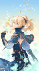 Rule 34 | 1girl, absurdres, blonde hair, blue capelet, blue eyes, blurry, bow, capelet, commentary request, dandelion, depth of field, flower, from behind, genshin impact, hair between eyes, hair bow, hair ribbon, highres, holding, holding flower, jean (genshin impact), long hair, looking at viewer, looking back, pants, ponytail, rafaelaaa, ribbon, sidelocks, simple background, solo, vision (genshin impact), white pants