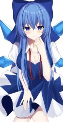 Rule 34 | 1girl, 7saki, aged up, alternate hair length, alternate hairstyle, bad id, bad pixiv id, blue bow, blue dress, blue eyes, blue hair, bow, breasts, cirno, cleavage, dress, hair bow, highres, ice, ice wings, looking at viewer, neck ribbon, puffy short sleeves, puffy sleeves, short sleeves, simple background, solo, touhou, undone neck ribbon, white background, wings