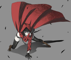 Rule 34 | 1girl, arizuka (catacombe), attack, black hair, braid, full body, gloves, grey background, hood, hoodie, jacket, knife, little red riding hood, original, raincoat, red eyes, red jacket, short shorts, shorts, simple background, solo, spot color, thighhighs, twin braids