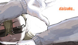 Rule 34 | 1girl, arms up, blonde hair, bloom, close-up, closed eyes, closed mouth, daisuke (beatmania), derivative work, grey sweater, hair behind ear, highres, long sleeves, matangom, matangomu-chan, open hands, original, parody, portrait, rectangular eyewear, romaji text, scene reference, serious, sidelighting, simple background, solo, sunglasses, sweater, white background