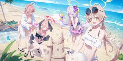 Rule 34 | &lt;|&gt; &lt;|&gt;, 4girls, ahoge, angel wings, aya (lezon), azusa (blue archive), azusa (swimsuit) (blue archive), beach, bikini, black bikini, black wings, blue archive, blush, braid, breasts, cleavage, collared shirt, day, feathered wings, floral print, frilled bikini, frills, green eyes, hair between eyes, halo, hanako (blue archive), hanako (swimsuit) (blue archive), head wings, hifumi (blue archive), hifumi (swimsuit) (blue archive), highres, koharu (blue archive), koharu (swimsuit) (blue archive), large breasts, light brown hair, long hair, looking at viewer, lotion, low twintails, make-up work club (blue archive), multiple girls, ocean, official alternate costume, open clothes, open mouth, open shirt, outdoors, parted lips, peroro (blue archive), pink bikini, pink eyes, pink hair, pink halo, print bikini, red halo, sand, sand castle, sand sculpture, shirt, single braid, smile, sunscreen, swimsuit, twintails, white bikini, white hair, white shirt, white wings, wings, yellow eyes, yellow halo