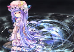 Rule 34 | 1girl, capelet, crescent, female focus, hat, long hair, long sleeves, partially submerged, patchouli knowledge, purple eyes, purple hair, ripples, sitting, solo, sugiyuu, touhou, very long hair, water, wide sleeves