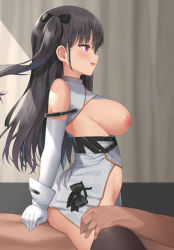 Rule 34 | 1boy, 1girl, :d, arm behind back, azur lane, black bow, black hair, black thighhighs, bow, breasts, breasts out, clothed female nude male, clothed sex, commentary request, cowgirl position, detached sleeves, dress, fujieda uzuki, girl on top, gloves, hair bow, hetero, highres, indoors, inverted nipples, long hair, medium breasts, nipples, no bra, nude, one side up, open mouth, pamiat merkuria (azur lane), profile, purple eyes, sex, smile, solo focus, straddling, thighhighs, white dress, white gloves