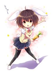 Rule 34 | &gt;:o, 1girl, :o, ahoge, alternate costume, animal ears, animal slippers, black thighhighs, brown hair, bunny slippers, carrot, food, gradient background, gradient hair, highres, holding, inaba tewi, looking at viewer, multicolored hair, neckerchief, open mouth, outstretched arms, rabbit, rabbit ears, rabbit girl, rabbit tail, red eyes, ribbon, school uniform, serafuku, short hair, skirt, slippers, solo, tail, thighhighs, touhou, uniform, uta (kuroneko), v-shaped eyebrows, vegetable, vest, zettai ryouiki