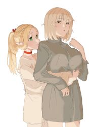 Rule 34 | 2girls, absurdres, blush, braid, breasts, bright pupils, brown eyes, choker, closed mouth, collared dress, commentary request, dol ce hmhn, dress, dungeon meshi, elf, falin touden, falin touden (tallman), french braid, green eyes, grey dress, highres, hug, hug from behind, large breasts, light brown hair, long sleeves, looking at viewer, marcille donato, multiple girls, parted lips, pointy ears, ponytail, red choker, simple background, white background, white dress, white pupils, yuri