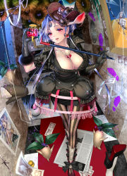 Rule 34 | 1girl, black flower, black rose, blue hair, breasts, broken glass, brown pantyhose, cane, cleavage, dress, earrings, flower, footprints, glass, gloves, hat, highres, huge breasts, jewelry, large breasts, long hair, money, monster, open mouth, original, pantyhose, photo (object), red eyes, rose, ryuki@maguro-ex, shoes, short hair, skirt, smile, solo, striped clothes, striped pantyhose, striped thighhighs, thighhighs, turnip, vertical-striped clothes, vertical-striped pantyhose, very long hair