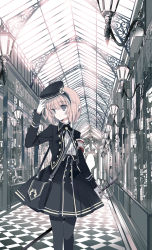 Rule 34 | 1girl, alice margatroid, alternate costume, bag, black bow, black bowtie, black hat, black pantyhose, black skirt, blonde hair, bow, bowtie, brooch, buttons, cierra (ra-bit), commentary request, cropped jacket, dress shirt, eyebrows, frills, glass, gloves, grey eyes, hairband, hand on headwear, hat, highres, holding, holding sword, holding weapon, jewelry, lamp, long sleeves, pantyhose, pleated skirt, shirt, short hair, shoulder bag, skirt, solo, storefront, sword, text focus, touhou, upper body, weapon, white gloves