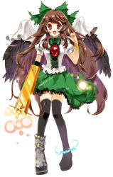 Rule 34 | 1girl, :d, arm cannon, asymmetrical footwear, bad id, bad pixiv id, black thighhighs, bow, bracelet, brown hair, cape, dress shirt, feathered wings, female focus, frilled skirt, frills, hair bow, jewelry, long hair, mismatched footwear, open mouth, red eyes, reiuji utsuho, seal (pukozin), shirt, short sleeves, skirt, smile, solo, standing, thighhighs, touhou, weapon, wings, zettai ryouiki