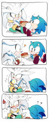 Rule 34 | 2boys, 4koma, ?, animal ears, bad id, bad pixiv id, body fur, boots, bracelet, chili con carne, chiro (pez777), comic, eating, furry, furry male, gloves, highres, hot dog, indian style, jewelry, multiple boys, orange eyes, sega, shoes, silver the hedgehog, simple background, sitting, sneakers, sonic (series), sonic the hedgehog, sonic the hedgehog (classic), sweat, white background
