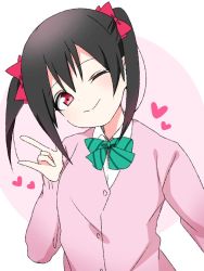 Rule 34 | 1girl, ;), artist name, artist request, black hair, blush, bow, bowtie, breasts, cardigan, collared shirt, female focus, green bow, green bowtie, hair between eyes, hair bow, heart, jacket, long hair, long sleeves, looking at viewer, love live!, love live! school idol project, m/, nico nico nii, one eye closed, otonokizaka school uniform, parted lips, pink cardigan, pink jacket, pink shirt, red bow, red eyes, school uniform, shirt, short hair, short twintails, small breasts, smile, solo, striped bow, striped bowtie, striped clothes, twintails, upper body, white background, yazawa nico