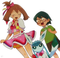 Rule 34 | 1boy, 1girl, :d, age difference, alternate costume, black-framed eyewear, blush, bracelet, brother and sister, brown hair, brown shorts, clenched hands, closed eyes, commentary request, creatures (company), dress, earrings, fujihana (mugenpixel), game freak, gen 4 pokemon, glaceon, glasses, green shirt, hands up, highres, jewelry, max (pokemon), may (pokemon), midriff, navel, nintendo, open mouth, overskirt, pokemon, pokemon (anime), pokemon (creature), pokemon journeys, pokemon swsh132, shirt, short hair, short sleeves, shorts, siblings, smile, tongue