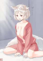Rule 34 | 1girl, albino, alternate costume, animal ears, breasts, commentary request, dress, fang, inubashiri momiji, kitano (kitanosnowwhite), large breasts, long sleeves, midriff, navel, off shoulder, on bed, open clothes, open mouth, pink dress, red eyes, ribbon, sash, short hair, sitting, solo, tail, touhou, white hair, wolf ears, wolf tail