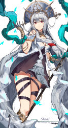 Rule 34 | 1girl, absurdres, arknights, arm guards, bad id, bad pixiv id, bare shoulders, black dress, black gloves, blue eyes, boots, bracelet, breasts, brown footwear, character name, cleavage, detached collar, dress, feet out of frame, front ponytail, gloves, grey hair, grey hat, grey panties, hat, highres, holding, holding staff, jewelry, jsscj, knee boots, layered dress, long hair, medium breasts, off-shoulder dress, off shoulder, official alternate costume, panties, pantyshot, parted lips, red eyes, shawl, simple background, skadi (arknights), skadi the corrupting heart (arknights), skadi the corrupting heart (sublimation) (arknights), solo, staff, standing, thigh strap, underwear, upskirt, very long hair, white background, white dress