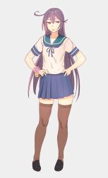 Rule 34 | 1girl, akebono (kancolle), alternate hairstyle, bell, black footwear, blue skirt, brown thighhighs, commentary request, flower, full body, green sailor collar, grey background, hair down, hands on own hips, highres, jingle bell, kantai collection, loafers, long hair, pleated skirt, purple eyes, purple hair, sailor collar, school uniform, serafuku, shoes, short sleeves, simple background, skirt, solo, thighhighs, very long hair, yuuji (and)