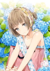 Rule 34 | 1girl, bag, blue eyes, bottle, brown hair, closed mouth, commentary, dangmill, flower, head scarf, hydrangea, looking at viewer, original, revision, shopping bag, sidelocks, sitting, solo, upper body