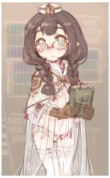 Rule 34 | 1girl, 7010, :o, black hair, blush, book, bookshelf, braid, capelet, glasses, gloves, green eyes, hat, lace, lace-trimmed legwear, lace trim, long hair, looking at viewer, original, panties, pointy ears, see-through, solo, standing, thighhighs, twin braids, underwear, white thighhighs