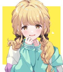 Rule 34 | 1girl, blonde hair, blush, braid, commentary request, fang, fujita kotone, gakuen idolmaster, hair ribbon, heart, idolmaster, jacket, long hair, long sleeves, mini39mame, multicolored clothes, multicolored jacket, ribbon, simple background, skin fang, smile, solo, twin braids, two-tone background, upper body, yellow background, yellow eyes