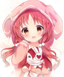 Rule 34 | 1girl, :d, animal ears, animal hood, bandaged head, bandages, blush, brown eyes, collarbone, commentary request, eyepatch, gochuumon wa usagi desu ka?, hair bobbles, hair ornament, hand up, heart, hood, hood up, hooded jacket, jacket, long hair, long sleeves, low twintails, natsu megumi, open clothes, open jacket, open mouth, pink jacket, rabbit ears, rabbit hood, red hair, rikatan, sleeves past wrists, smile, solo, stuffed animal, stuffed rabbit, stuffed toy, twintails, upper body